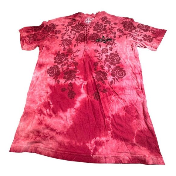 Affliction Live Fast Womens Large Red Tie-Dye Floral Angel Wings T-Shirt Lace Up - Picture 1 of 5